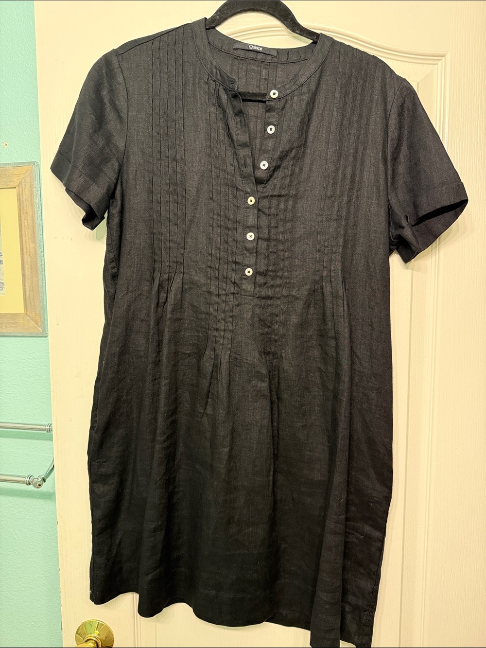 NWOT Quince Black Short-Sleeve Pintuck Button-Front Swing Mini Dress